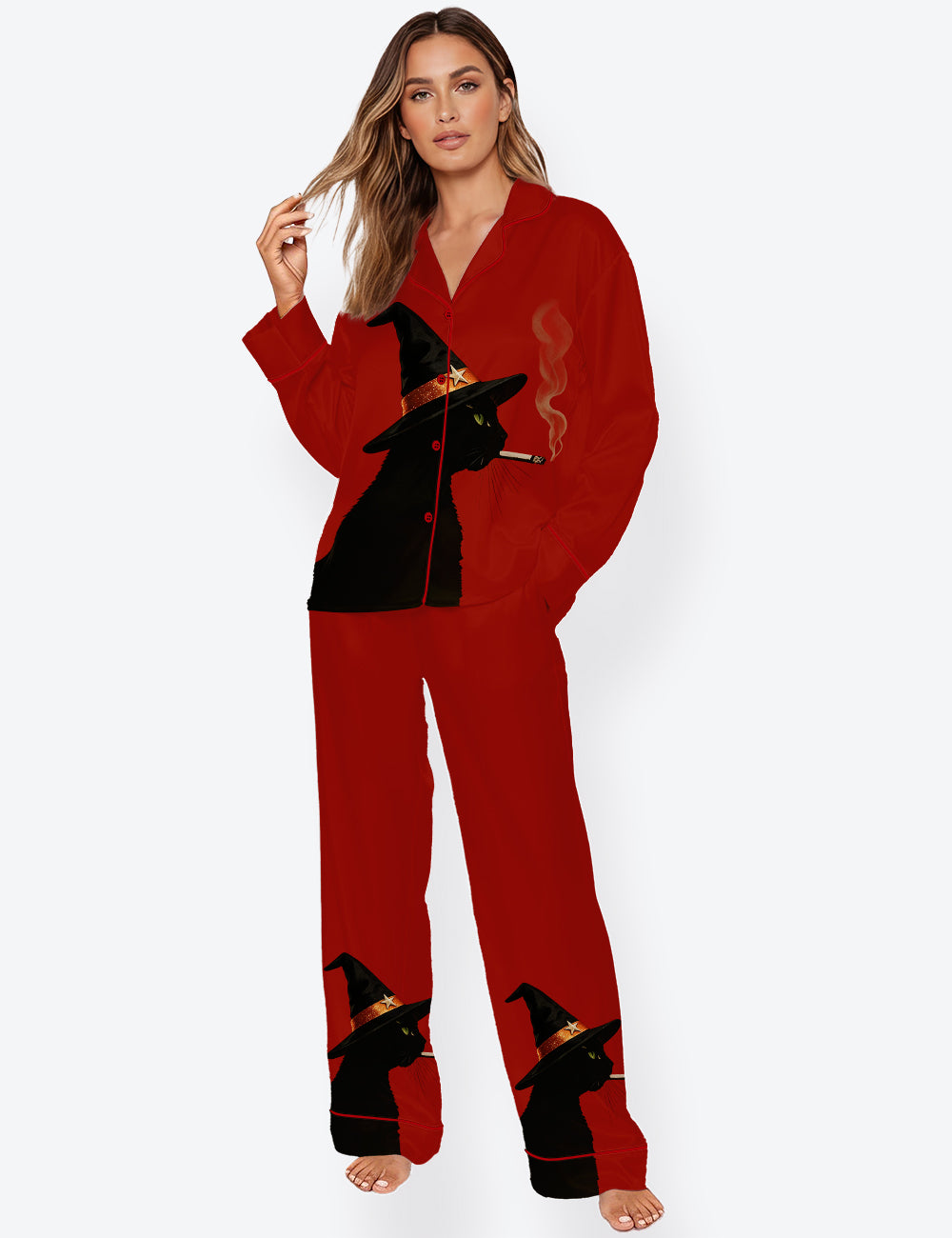 Women’s Smoking Black Cat With Witch Hat Halloween Long Sleeve Satin Pajama Set